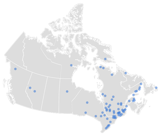 map of canada with location of clients by dots