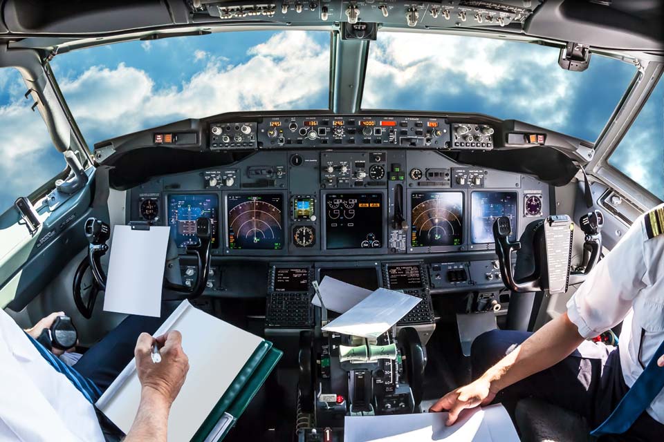 pilote et copilote dans cockpit d'un avion de ligne en vol automatique